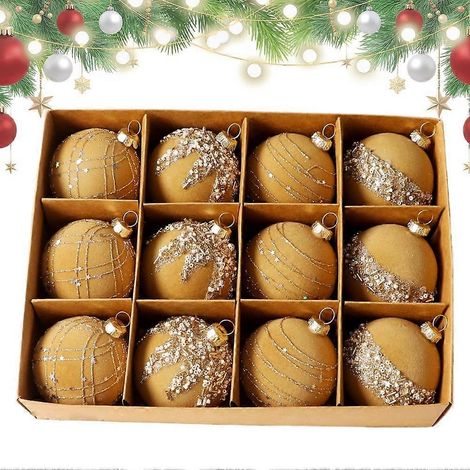 12 Pcs Flocked Christmas Balls 6Cm Velvet Ornaments Gold Plastic 6 Cm (1/5)