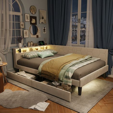 Lit 140x200 cm - Cadre métallique avec accoudoirs, tête de lit avec ports USB Type-C et LED, 2 tiroirs en métal, lit double - beige (1/5)