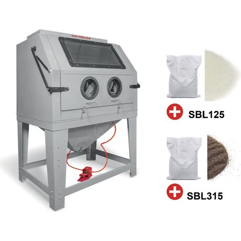 Mw Tools – Cabine de sablage professionnelle 990 L – Pression max 8,6 bars – Débit 480 L/min – 25 kg perles de verre et corindon brun – CAT990SET