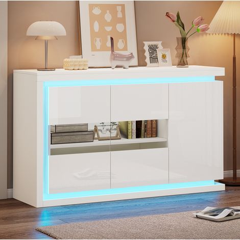 Credenza in truciolare bianco lucido 140 x 40 x 84 cm, 3 ante con 2 in vetro temprato, 2 ripiani regolabili e LED (1/5)