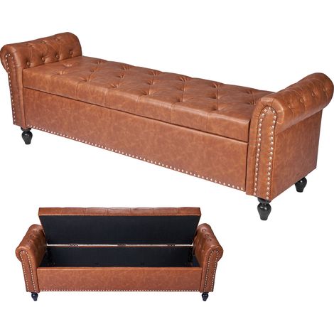 Mophorn Banco tapizado de cuero sintético con botones, dimensiones de 460 x 1660 x 560 mm, incluye espacio de almacenamiento, brazos enrollados y patas de madera maciza, soporta hasta 300 kg, marrón (1/5)