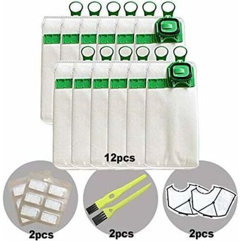 Kit Sac Aspirateur Compatible pour Vorwerk Kobold VK140 VK150 avec Filtre Remplacement - 12 Sacs + 2 Filtres Moteur + 12 Parfums + 2 Brosses (1/4)