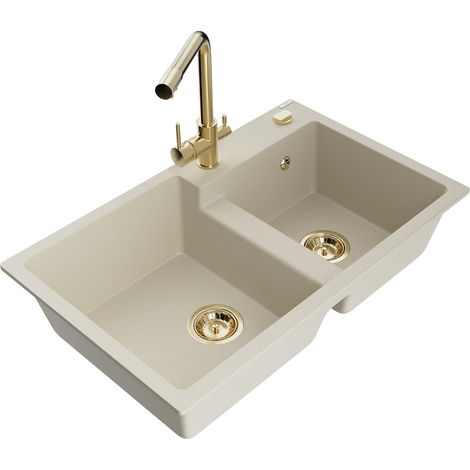 Mexen Tomas évier en granit à 2 bacs avec robinet de cuisine Duero, beige - 6516-69-671600-50 (1/5)