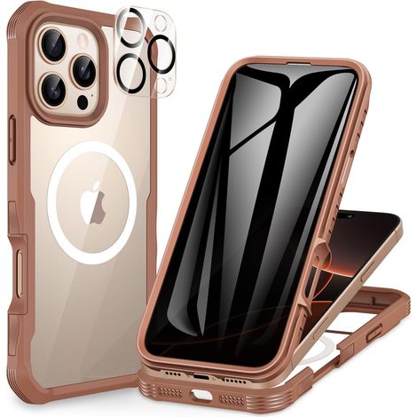 Magnétique Anti Espion Coque iPhone 16 Pro, Compatible avec MagSafe intégré Verre Protection écran et Protecteur Caméra, Antichoc Téléphone Housse Double Face Etui Intégrale -Marron Désert (1/5)