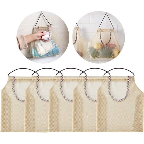 5 pièces sac en filet suspendu respirant, sacs de support de rangement de cuisine pour pommes de terre, oignons, ails, légumes, fruits (1/5)