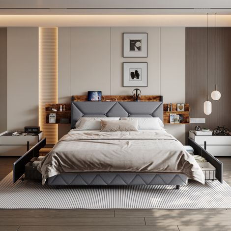 Lit Double 160x200 cm, Lit Adulte avec 4 Tiroirs et 2 Compartiments Cachés, Tête de Lit Rembourré avec Ports USB et Étagères, Sommier à Lattes, Lin, Gris (1/5)