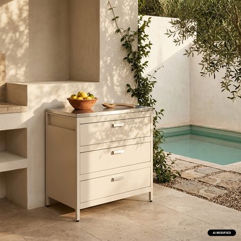 sweeek - Cuisine d'extérieure en acier beige avec 3 tiroirs L80cm