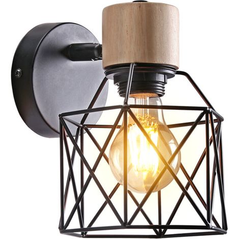 – Applique murale industrielle en fer et bois – Style vintage noir – Tête réglable 90° – E27 jusqu'à 60W – Pour salon, bar, restaurant (1/5)
