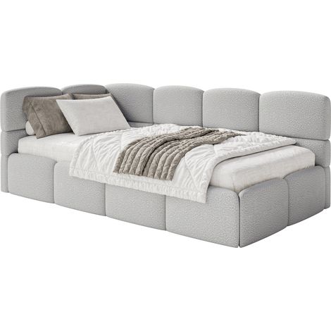 Selsey Cloudy – Jugendbett 120 cm, Bettkasten, Bouclé, Kopfteil links, Hellgrau