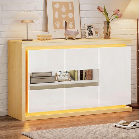 Credenza con LED 140 x 40 x 84 cm, 3 ante, vetro temperato, bianco e legno naturale DESVIAE (1/5)