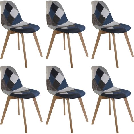 Altobuy – Lot de 6 chaises patchwork bleu et gris – Chaise scandinave avec piétement en hêtre massif – Dimensions 55,5 x 41 x H85 cm – Hauteur d'assise 47 cm (1/5)