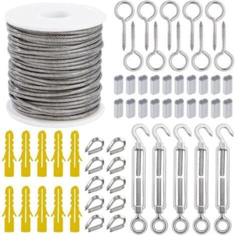 Câble Métallique Suspendre Kit 2mm Corde en Acier Inoxydable 30m avec Tendeur Vis à œillet Manchons en Aluminium Cosse Coeur 56 Piècesdengyank (1/5)
