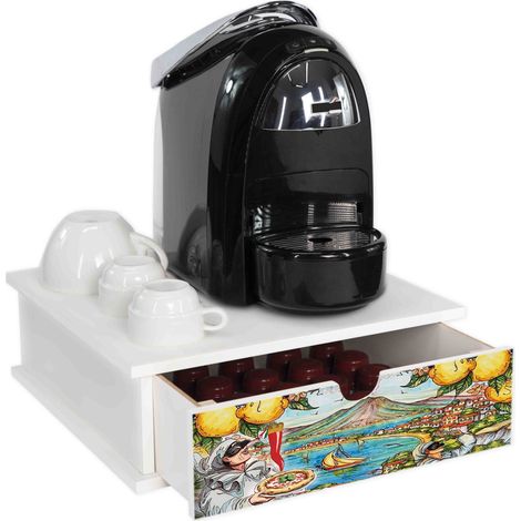 Lupia - Contenitore Porta Capsule e Cialde caffè Cassetto ORGANIZER White NAPOLI PULCINELLA 33x33 cm in legno per casa, cucina, angolo bar ufficio (1/4)