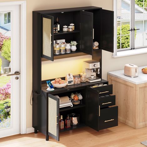 Enfilade de cuisine de 183 cm, buffet avec éclairage LED décoratif contrôlé par application, 2 ports USB, 2 prises, étagères réglables, 3 tiroirs, poignées en métal doré, idéale pour la cuisine et la  (1/5)