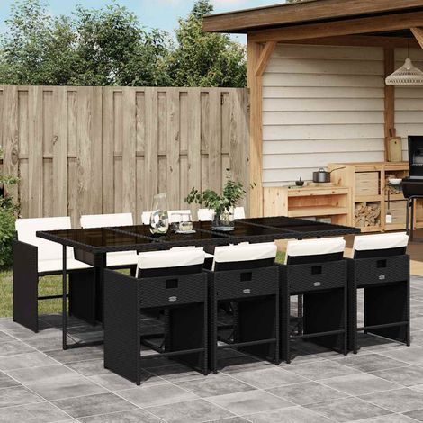 Ensemble de Jardin 9 Pièces avec Coussins Résine Tressée Noir Table Verre Trempé Mobilier d'Extérieur Salon (1/5)