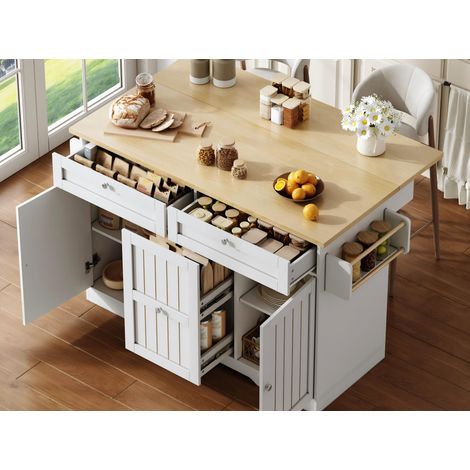 Modernluxe - Îlot central de cuisine avec table rabattable, 2 portes et 3 tiroirs, roulettes verrouillables - blanc (1/2)
