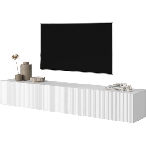 Selsey – Meuble TV 175 cm blanc avec façade fraisée – Panneau stratifié résistant à l'humidité – 2 armoires spacieuses – Design minimaliste