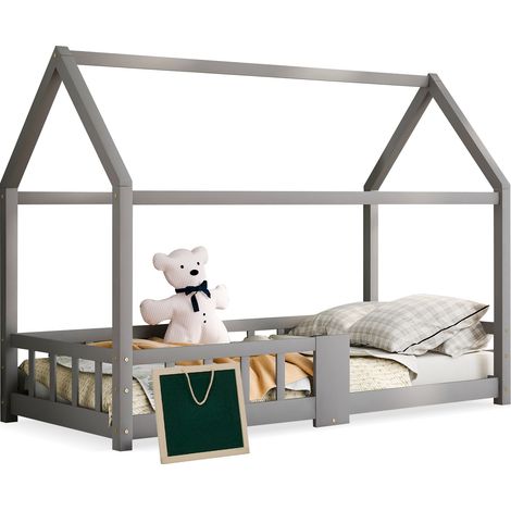 Lit de maison enfant 90×200 cm pin gris,cadre à lattes,barres de protection anti-chute,lit en bois pour chambre d’enfant,vendu sans matelas