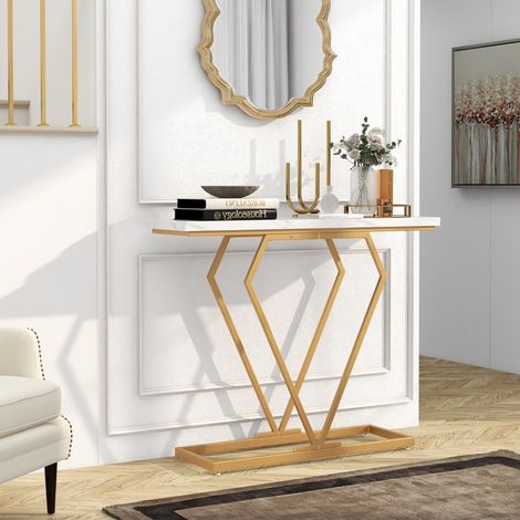Table Console Table d'Entrée Étroite en Faux Marbre avec Cadre Géométrique en avec Dispositif Anti-basculement Blanc et Or CW55385 (1/3)