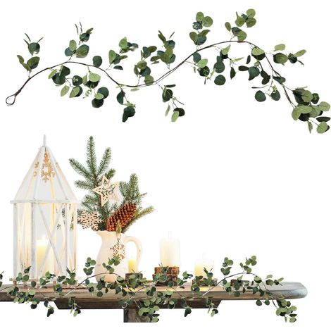 Guirlande D'Eucalyptus Guirlande De Lierre D'Eucalyptus 1.8m,Artificielle avec Lumières à Piles pour Escalier - Décoration Maison Cheminée Porche Fête Ferme (1/5)