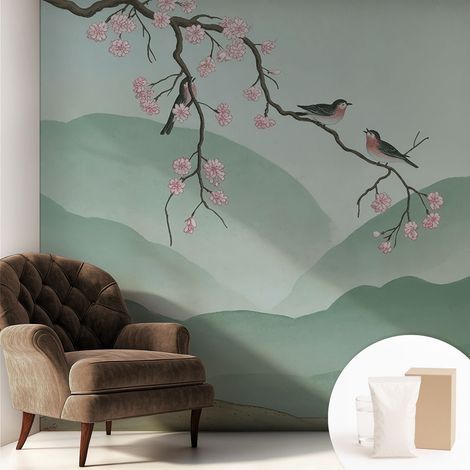 Papier peint intissé avec imprimé pour intérieur moderne application facile a motif - Colle incluse gratuite Sérénade japonaise 250x250 cm (1/5)
