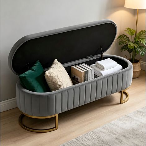 Banc coffre 129,5x42x46 cm gris clair avec rangement, revêtement velours et pieds métal doré MEUBLIV (1/5)
