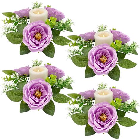 Couronne de bougie 4pcs Camélia artificiel Feuillage décoratif Violet pour mariage table printemps été maison (1/5)
