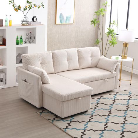 Ecksofa, Multifunktionales Schlafsofa mit Stauraum und ausziehbarer Liegefläche, 3-Sitzer-Sofa mit austauschbarer Chaiselongue, modulares Ecksofa mit Stauraum – Beige