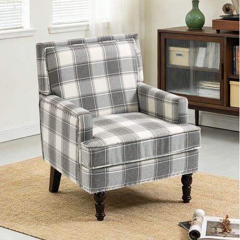 Fauteuil 69x69x89 cm gris et blanc – dossier haut, tissu coton lin et structure en bois MEUBLIV (1/5)