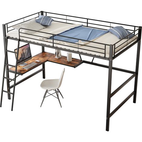 Lit mezzanine 90x200 métal noir bureau en L étagère intégré (1/5)