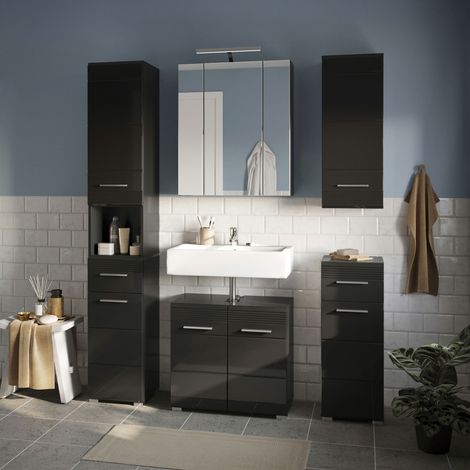 Ensemble 5 meubles de salle de bain + lampe noir brillant - KUEDA