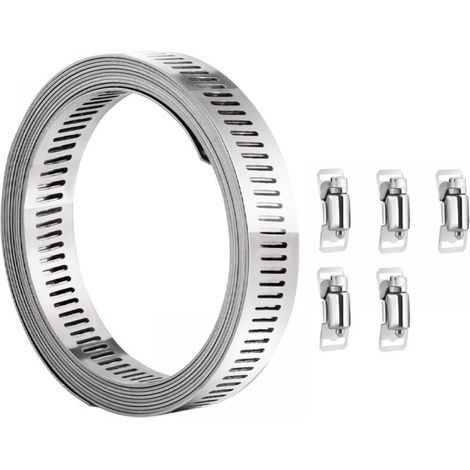 Collier de serrage - acier inoxydable, enrouleur de 2 m et 5 attaches réglables pour tuyaux, radiateurs, conduites de carburant (1/5)