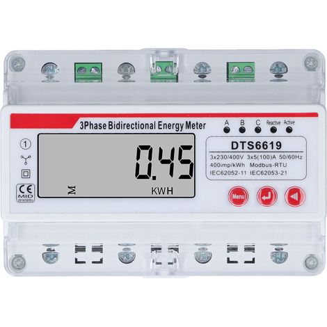 Compteur d'Énergie Électronique Triphasé 4 Fils, Affichage LCD Multifonctionnel, Contrôle Bidirectionnel, 7P 3 x 230/400V, Classe 1, Montage sur Rail DIN 35mm (1/5)