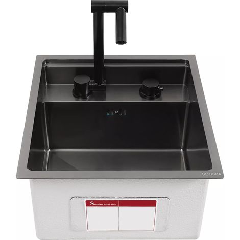 Gojoy – Évier de cuisine encastrable carré 43x39 cm – Acier inoxydable 304 noir avec robinet céramique – Design caché et couvercle (1/5)