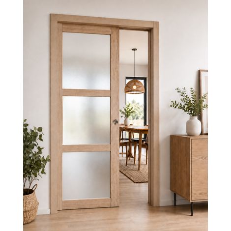 Porte Coulissante Bois Frake Vitrée H204 X L73 Cm, Galandage, Kit Finition (coquille Et Tire Doigt) Gd Menuiseries (1/4)