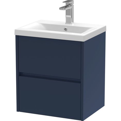Square Wall Hung 2 Drawer Vanity Unit & Ceramic Basin, 500mm - Midnight Blue