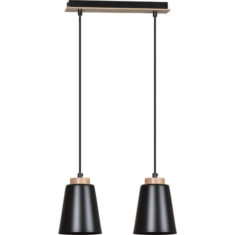 Lampadario 2 Luci Bolero Con Paralumi A Cono In Acciaio Nero E Legno Naturale (1/5)