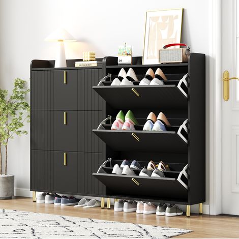 Schuhschrank aus MDF in Matt-Schwarz mit goldfarbenem Metallfuß und Griffen, 80 x 23 x 123,5 cm, verstellbare Mittelböden (1/5)