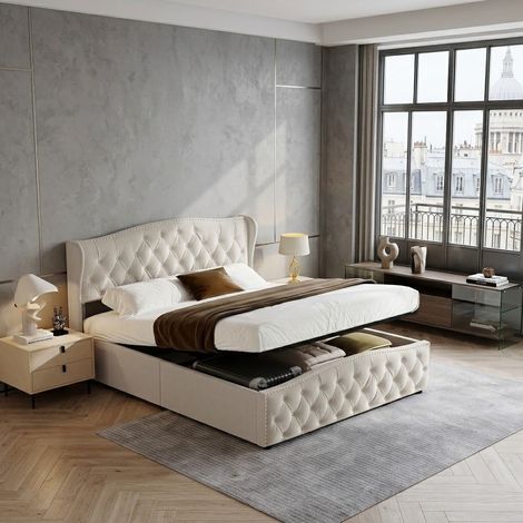 Comanlai - Lit coffre 140x200 cm, Cadre de lit avec tête de Lit et sommier à Lattes, lit d'appoint, pour Adolescents et Adultes, Velours (Beige, 140x200 cm)