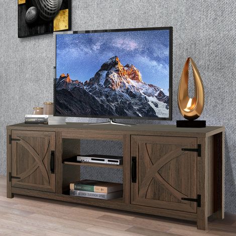 Parrot Uncle TV Stand for 65 Inch TV, Brown Farmhouse Media Console with Storage Cabinets and X-Barn Doors, Rustic Entertainment Centre with Open Shelves for Living Room