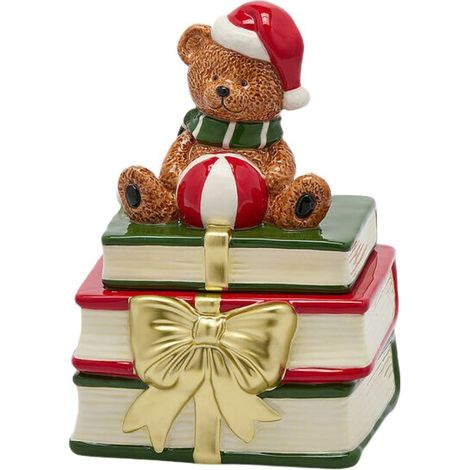 EDG Enzo De Gasperi Contenitore Natalizio Orso con Libri in Ceramica H23x16,5x16,5 cm Verde Rosso – Decorazione di Natale