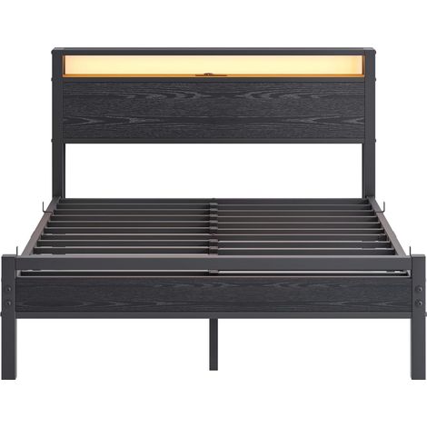 Cama 140 x 190 cm con almacenaje, estructura metálica, USB Tipo-C e iluminación LED, negro (1/5)