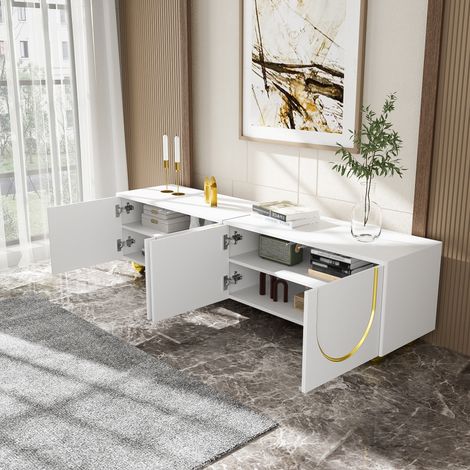 Mobile porta TV a 4 ante per TV fino a 80", mobile basso per soggiorno/camera da letto con gambe rotonde, 170×38×44 cm, bianco e oro (1/5)
