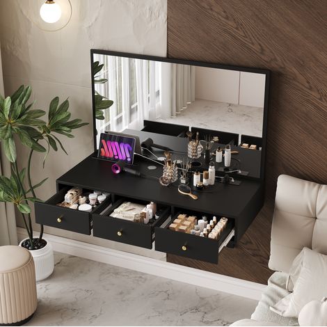Schminktisch 100x45x105 cm schwarz aus Spanplatte mit Spiegel, 3 Schubladen, Steckdosenleiste und Tablet-Halter (1/5)