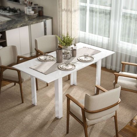 Table à manger extensible blanche brillante 120-160 x 80 cm, table de cuisine réglable pour 4 à 6 personnes en MDF (1/5)