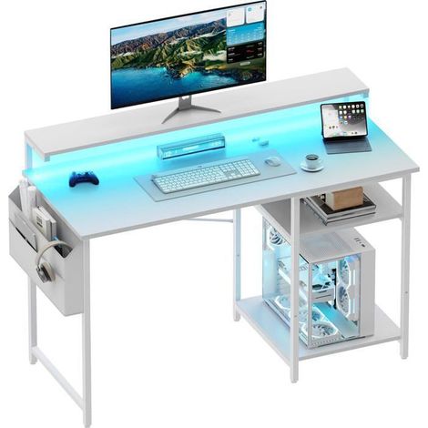 ECOFURNIX, gaming desk, 120 x 48 cm, with adjustable screen support, LED lighting, and shelf, white
