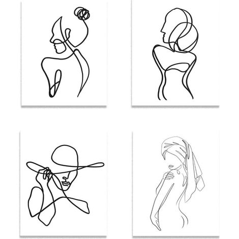 klahh 4 pièces Impressions d'art minimalistes au trait, impressions d'art abstrait au trait, peintures de visages en noir et blanc, ensemble de tableaux à accrocher pour chambre à coucher ou salon-Aqu (1/5)