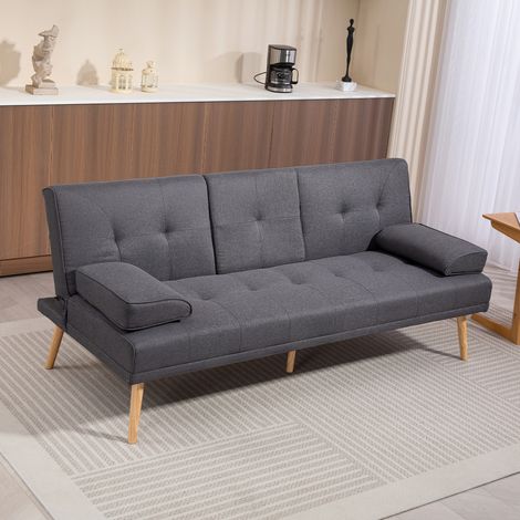 Canapé convertible 3 places, canapé-lit rembourré avec dossier réglable 3 niveaux, 2 coussins et 2 porte-gobelets intégrés, tissu de lin, pour salon, chambre d'amis, petit espace, gris foncé (1/5)