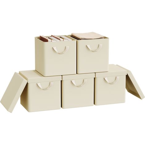 Lot de 5 Boîtes Rangement WOLTU, 27x27x27 cm, Cubes de Rangement Tissu avec Couvercle, Poignée et Cadre en Métal, Pliable, Crème