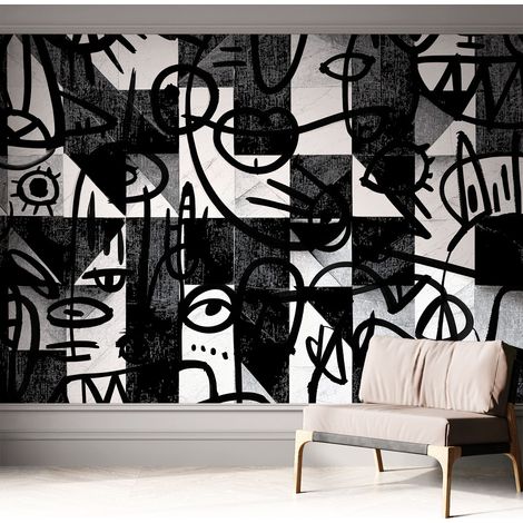 Selbstklebende Tapete modern Wohnzimmer - Wanddeko Schlafzimmer - Tapete mit Motiv Zeichnerisches Chaos 312x219 cm (1/5)